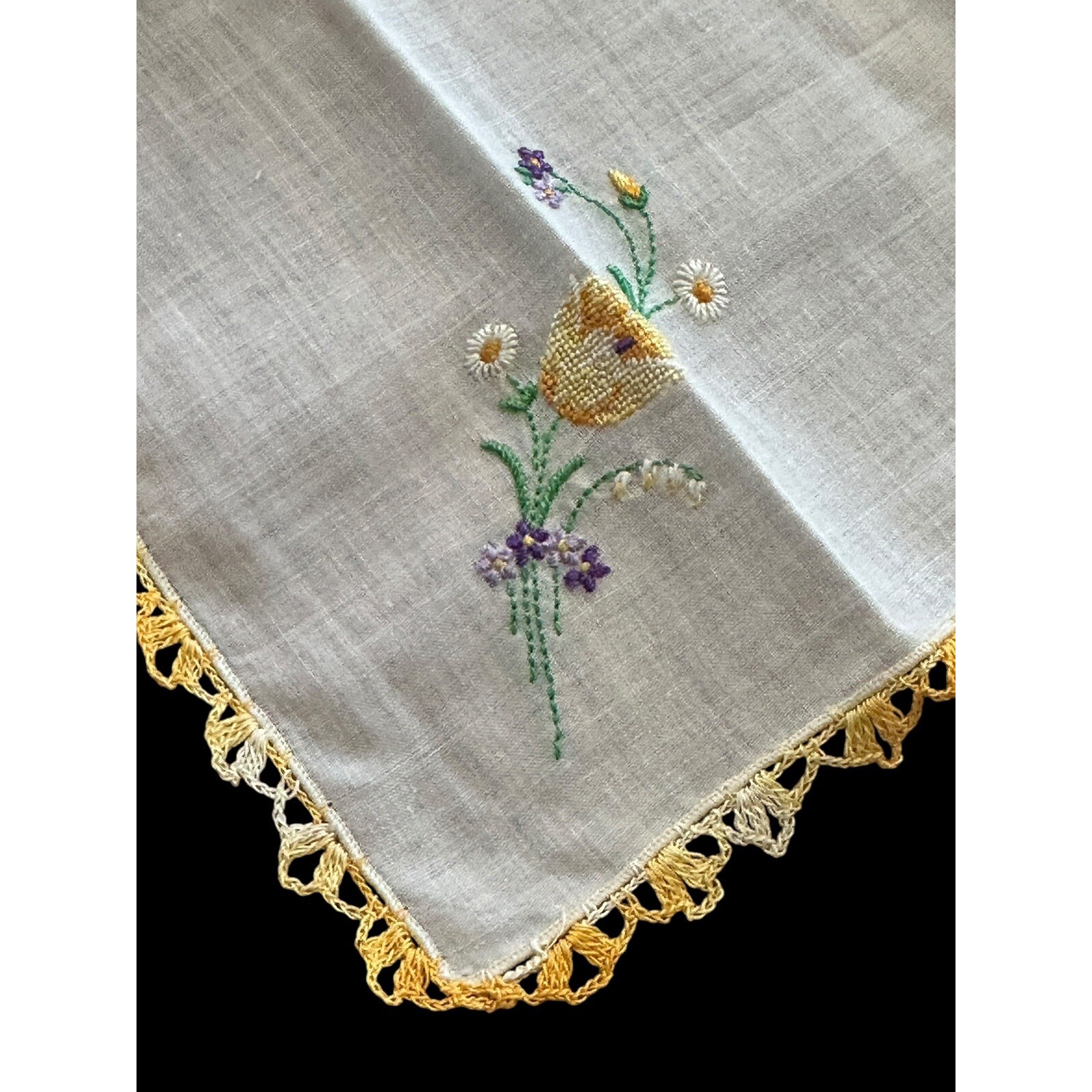 Antique Cream Handkerchief Handmade Bobbin Lace Yellow Embroidered 12x12